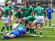 7 July 2021; Eoin de Buitlear of Ireland is congratulated by team-mates after scoring his side's first try during the U20 Six Nations Rugby Championship match between Italy and Ireland at Cardiff Arms Park in Cardiff, Wales. Photo by Gareth Everett/Sportsfile