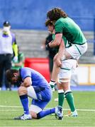 7 July 2021; Reuben Crothers and Alex Soroka of Ireland celebrate after the U20 Six Nations Rugby Championship match between Italy and Ireland at Cardiff Arms Park in Cardiff, Wales. Photo by Gareth Everitt/Sportsfile