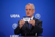 7 July 2021: UEFA Head of Youth and Futsal Competitions Claudio Negroni draws out the card of Sparta Belfast Futsal Club during the UEFA Futsal Champions League 2021/22 Preliminary Round draw at the UEFA headquarters, The House of European Football in Nyon, Switzerland. Photo by Valentin Flauraud / UEFA via Sportsfile