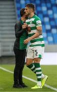 7 July 2021; Lee Grace of Shamrock Rovers with manager Stephen Bradley after the UEFA Champions League first qualifying round first leg match between Slovan Bratislava and Shamrock Rovers at Tehelné pole Stadium in Bratislava, Slovakia. Photo by Grega Valancic/Sportsfile