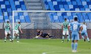 7 July 2021; Shamrock Rovers goalkeeper Alan Mannus saves a penalty during the UEFA Champions League first qualifying round first leg match between Slovan Bratislava and Shamrock Rovers at Tehelné pole Stadium in Bratislava, Slovakia. Photo by Grega Valancic/Sportsfile