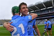 3 July 2021; Dublin players Chris Crummey, behind, and Fergal Whitely celebrate after their side's victory in the Leinster GAA Hurling Senior Championship Semi-Final match between Dublin and Galway at Croke Park in Dublin. Photo by Piaras Ó Mídheach/Sportsfile