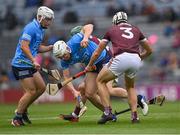 3 July 2021; Liam Rushe of Dublin, supported by team-mate Andrew Dunphy, left, in action against Daithí Burke, 3, and Evan Niland of Galway during the Leinster GAA Hurling Senior Championship Semi-Final match between Dublin and Galway at Croke Park in Dublin. Photo by Piaras Ó Mídheach/Sportsfile