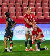 7 July 2021; Josh Adams of British and Irish Lions is congratulated by team-mate Duhan van der Merwe after scoring a try during the 2021 British and Irish Lions tour match between Cell C Sharks and The British and Irish Lions at Emirates Airline Park in Johannesburg, South Africa. Photo by Sydney Seshibedi/Sportsfile