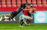 7 July 2021; Josh Adams of British and Irish Lions is tackled by Thaakir Abrahams of Cell C Sharks on the way to scoring a try during the 2021 British and Irish Lions tour match between Cell C Sharks and The British and Irish Lions at Emirates Airline Park in Johannesburg, South Africa. Photo by Sydney Seshibedi/Sportsfile