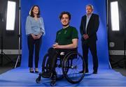 8 July 2021; Paralympic Swimming hopeful, Patrick Flanagan, launched the new partnership between The Vision Group and Paralympics Ireland. Patrick was joined by Paralympics Ireland CEO, Miriam Malone and The Vision Group Director, Dave Lahart to announce the partnership that will continue until 2024 and will see The Vision Group become the Official Supplier of Medical and Sports Rehabilitation Products to Paralympics Ireland. Pictured at the launch is Paralympic Swimming hopeful Patrick Flanagan, centre, with Paralympics Ireland CEO, Miriam Malone and The Vision Group Director, Dave Lahart at the Sport Ireland Campus in Blanchardstown, Dublin. Photo by Sam Barnes/Sportsfile