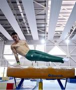 9 July 2021; Rhys McClenaghan during gymnastics training at the Sport Ireland Campus in Dublin. With just over two weeks until the 2020 Tokyo Games commence, the Sport Ireland Campus has been hosting Ireland’s Tokyo bound athletes and teams as they make their final preparations for the Olympic and Paralympic Games. Irish athletes from a multitude of sports have been using the world class facilities including; Olympic veteran and modern pentathlete, Natalya Coyle, Paralympic swimmer Ellen Keane, gymnast Rhys McClenaghan and the Ireland women’s hockey team and Ireland Men’s Rugby Sevens team. Photo by David Fitzgerald/Sportsfile