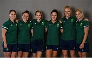 29 June 2021; Team Ireland players, from left, Lizzie Holden, Shirley McCay, Nicci Daly, Anna O'Flanagan, Hannah Matthews and Chloe Watkins during a Tokyo 2020 Team Ireland Announcement for Hockey in the Sport Ireland Institute at the Sport Ireland Campus in Dublin. Photo by Brendan Moran/Sportsfile
