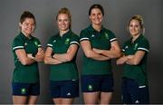 29 June 2021; Team Ireland players, from left, Sarah Torrans, Hannah Matthews, Liz Murphy and Nicci Daly during a Tokyo 2020 Team Ireland Announcement for Hockey in the Sport Ireland Institute at the Sport Ireland Campus in Dublin. Photo by Brendan Moran/Sportsfile