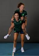 29 June 2021; Anna O'Flanagan carries team-mate Sarah McAuley during a Tokyo 2020 Team Ireland Announcement for Hockey in the Sport Ireland Institute at the Sport Ireland Campus in Dublin. Photo by Brendan Moran/Sportsfile