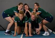 29 June 2021; Team Ireland players, from left, Katie Mullan, Zara Malseed, Shirley McCay, Ayeisha McFerran and Lizzie Holden during a Tokyo 2020 Team Ireland Announcement for Hockey in the Sport Ireland Institute at the Sport Ireland Campus in Dublin. Photo by Brendan Moran/Sportsfile