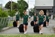 29 June 2021; Sarah McAuley, left, and Michelle Carey collect their kit during a Tokyo 2020 Team Ireland Announcement for Hockey in the Sport Ireland Institute at the Sport Ireland Campus in Dublin. Photo by Brendan Moran/Sportsfile