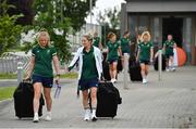 29 June 2021; Hannah Matthews, left, and Nicci Daly collect their kit during a Tokyo 2020 Team Ireland Announcement for Hockey in the Sport Ireland Institute at the Sport Ireland Campus in Dublin. Photo by Brendan Moran/Sportsfile