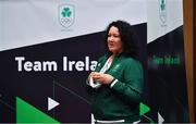 29 June 2021; Team Ireland Chef de Mission Tricia Heberle speaks to the players during a Tokyo 2020 Team Ireland Announcement for Hockey in the Sport Ireland Institute at the Sport Ireland Campus in Dublin. Photo by Brendan Moran/Sportsfile