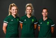 5 July 2021; Team Ireland track cyclists, from left, Emily Kay, Shannon McCurley and Lydia Gurley during a Tokyo 2020 Official Team Ireland Announcement for Cycling at Sport Ireland Campus in Dublin. Photo by David Fitzgerald/Sportsfile