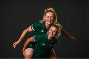 5 July 2021; Track cyclists Emily Kay, left, and Shannon McCurley during a Tokyo 2020 Official Team Ireland Announcement for Cycling at Sport Ireland Campus in Dublin. Photo by David Fitzgerald/Sportsfile