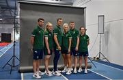 5 July 2021; Team Ireland track cyclists, from left, Felix English, Emily Kay, Mark Downey, Shannon McCurley, Fintan Ryan and Lydia Gurley during a Tokyo 2020 Official Team Ireland Announcement for Cycling at Sport Ireland Campus in Dublin. Photo by Brendan Moran/Sportsfile