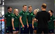 5 July 2021; Team Ireland track cyclists, from left, Felix English, Emily Kay, Mark Downey, head coach Martyn Irvine, Shannon McCurley and Lydia Gurley during a Tokyo 2020 Official Team Ireland Announcement for Cycling at Sport Ireland Campus in Dublin. Photo by Brendan Moran/Sportsfile