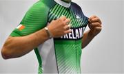 5 July 2021; Detail view of team Ireland track cycling kit during a Tokyo 2020 Official Team Ireland Announcement for Cycling at Sport Ireland Campus in Dublin. Photo by Brendan Moran/Sportsfile