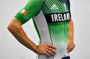 5 July 2021; Detail view of team Ireland track cycling kit during a Tokyo 2020 Official Team Ireland Announcement for Cycling at Sport Ireland Campus in Dublin. Photo by Brendan Moran/Sportsfile