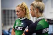 5 July 2021; Track cyclists Emily Kay, left, and Shannon McCurley during a Tokyo 2020 Official Team Ireland Announcement for Cycling at Sport Ireland Campus in Dublin. Photo by Brendan Moran/Sportsfile