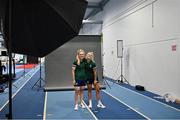 5 July 2021; Track cyclists Emily Kay, left, and Shannon McCurley during a Tokyo 2020 Official Team Ireland Announcement for Cycling at Sport Ireland Campus in Dublin. Photo by Brendan Moran/Sportsfile