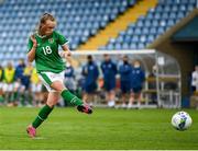 6 July 2021; Joy Ralph of Republic of Ireland takes a penalty during the Women's U16 International Friendly match between Republic of Ireland and England at RSC in Waterford. Photo by Harry Murphy/Sportsfile