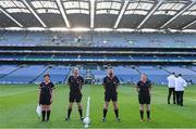 26 June 2021; Referee Seamus Mulvihill and his team of officials before the Lidl Ladies Football National League Division 1 Final match between Cork and Dublin at Croke Park in Dublin. Photo by Ramsey Cardy/Sportsfile