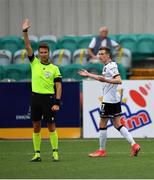 8 July 2021; Daniel Kelly of Dundalk reacts after seeing his goal ruled out for offside by referee Barbeno Luca during the UEFA Europa Conference League first qualifying round first leg match between Dundalk and Newtown at Oriel Park in Dundalk, Louth. Photo by Seb Daly/Sportsfile