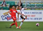 8 July 2021; Daniel Kelly of Dundalk shoots to score a goal for his side, under pressure from Newtown's James Davis, which was subsequently disallowed, during the UEFA Europa Conference League first qualifying round first leg match between Dundalk and Newtown at Oriel Park in Dundalk, Louth. Photo by Seb Daly/Sportsfile