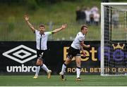 8 July 2021; David McMillan, right, and Andy Boyle of Dundalk react to a decision from the match officials during the UEFA Europa Conference League first qualifying round first leg match between Dundalk and Newtown at Oriel Park in Dundalk, Louth. Photo by Stephen McCarthy/Sportsfile