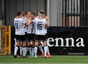 8 July 2021; Michael Duffy of Dundalk, centre, celebrates with team-mates after scoring their side's first goal during the UEFA Europa Conference League first qualifying round first leg match between Dundalk and Newtown at Oriel Park in Dundalk, Louth. Photo by Seb Daly/Sportsfile