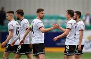8 July 2021; David McMillan of Dundalk, right, is congratulated by team-mate Andy Boyle after scoring their side's second goal during the UEFA Europa Conference League first qualifying round first leg match between Dundalk and Newtown at Oriel Park in Dundalk, Louth. Photo by Seb Daly/Sportsfile