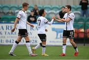 8 July 2021; Han Jeongwoo, centre, is congratulated by Dundalk team-mate Raivis Jurkovskis, right, after scoring their fourth goal during the UEFA Europa Conference League first qualifying round first leg match between Dundalk and Newtown at Oriel Park in Dundalk, Louth. Photo by Stephen McCarthy/Sportsfile