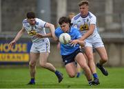 8 July 2021; Fionn Murray of Dublin in action against Tom Moran, left, and Zach Cullen of Wicklow during the EirGrid Leinster GAA Football U20 Championship Quarter-Final match between Dublin and Wicklow at Parnell Park in Dublin. Photo by Daire Brennan/Sportsfile