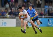 8 July 2021; Cillian McDonald of Wicklow in action against Rory Dwyer of Dublin during the EirGrid Leinster GAA Football U20 Championship Quarter-Final match between Dublin and Wicklow at Parnell Park in Dublin. Photo by Daire Brennan/Sportsfile