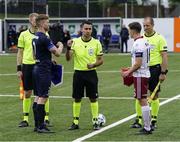 8 July 2021; Captains Brynjar Gudjónsson of Stjarnan and Keith Buckley of Bohemians with referee Sandi Putros, centre, and assistant referees Ole Kronlykke and Heine Sørensen before the UEFA Europa Conference League first qualifying round first leg match between Stjarnan and Bohemians at Stjörnuvöllur in Reykjavík, Iceland. Photo by Eythor Arnason/Sportsfile