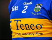 4 July 2021; A detailed view of the Tipperary jersey featuring the sponsors name of Teneo during the Munster GAA Hurling Senior Championship Semi-Final match between Tipperary and Clare at LIT Gaelic Grounds in Limerick. Photo by Stephen McCarthy/Sportsfile