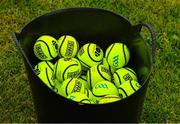 4 July 2021; A bucket of 'Green Fields' sliotars on the pitch before the Munster GAA Hurling Senior Championship Semi-Final match between Tipperary and Clare at LIT Gaelic Grounds in Limerick. Photo by Ray McManus/Sportsfile