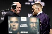 8 July 2021; Conor McGregor is held back by UFC President Dana White during a press conference ahead of UFC 264 at the T-Mobile Arena in Las Vegas, Nevada, USA. Photo by Thomas King/Sportsfile