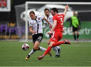 8 July 2021; David McMillan of Dundalk in action against Kieran Mills-Evans of Newtown during the UEFA Europa Conference League first qualifying round first leg match between Dundalk and Newtown at Oriel Park in Dundalk, Louth. Photo by Seb Daly/Sportsfile