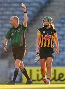 20 June 2021; Collette Dormer of Kilkenny is shown a yellow card by referee Justin Heffernan during the Littlewoods Ireland Camogie League Division 1 Final match between Galway and Kilkenny at Croke Park in Dublin. Photo by Piaras Ó Mídheach/Sportsfile