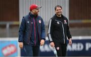 9 July 2021; St Patrick's Athletic head coach Stephen O'Donnell, left, and Derry City manager Ruaidhrí Higgins before the SSE Airtricity League Premier Division match between St Patrick's Athletic and Derry City at Richmond Park in Dublin. Photo by Stephen McCarthy/Sportsfile