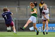 9 July 2021; Louise Ní Mhuircheartaigh of Kerry scores her side's first goal past Galway goalkeeper Dearbhla Gowerr during the TG4 Ladies Football All-Ireland Championship Group 4 Round 1 match between Galway and Kerry at Cusack Park in Ennis, Clare. Photo by Brendan Moran/Sportsfile