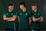 9 July 2021; Brendan Hyland, left, Jack McMillan, centre, and Finn McGeever during a Tokyo Team Ireland Announcement for Swimming at the Sport Ireland National Aquatic Centre at the Sport Ireland Campus in Dublin.  Photo by Ramsey Cardy/Sportsfile