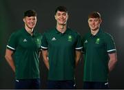 9 July 2021; Brendan Hyland, left, Jack McMillan, centre, and Finn McGeever during a Tokyo Team Ireland Announcement for Swimming at the Sport Ireland National Aquatic Centre at the Sport Ireland Campus in Dublin.  Photo by Ramsey Cardy/Sportsfile