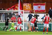 9 July 2021; Chris Forrester, 8, of St Patrick's Athletic scores his side's first goal during the SSE Airtricity League Premier Division match between St Patrick's Athletic and Derry City at Richmond Park in Dublin. Photo by Stephen McCarthy/Sportsfile