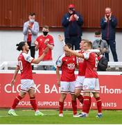 9 July 2021; Chris Forrester, second from right, celebrates with St Patrick's Athletic team-mates, from left, Ronan Coughlan, Darragh Burns and Jamie Lennon during the SSE Airtricity League Premier Division match between St Patrick's Athletic and Derry City at Richmond Park in Dublin. Photo by Stephen McCarthy/Sportsfile