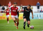 9 July 2021; Jack Malone of Derry City in action against Matty Smith of St Patrick's Athletic during the SSE Airtricity League Premier Division match between St Patrick's Athletic and Derry City at Richmond Park in Dublin. Photo by Stephen McCarthy/Sportsfile