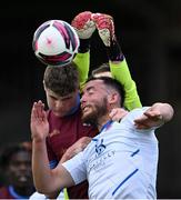9 July 2021; Alex Murphy of Galway United in action against Naythan Coleman of Cobh Ramblers and Cobh Ramblers goalkeeper Sean Barron during the SSE Airtricity League First Division match between Galway United and Cobh Ramblers at Eamonn Deacy Park in Galway. Photo by Piaras Ó Mídheach/Sportsfile
